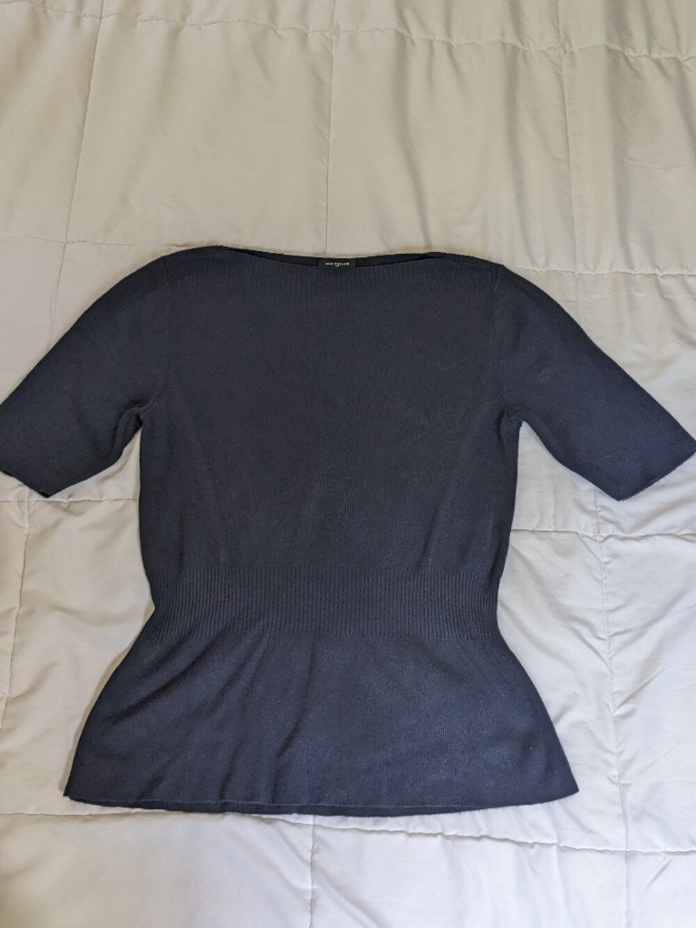 Ann Taylor Navy Blue Knit Peplum Top, Soft Rayon Blend Peplum Top Boat Neck - Picture 2 of 6